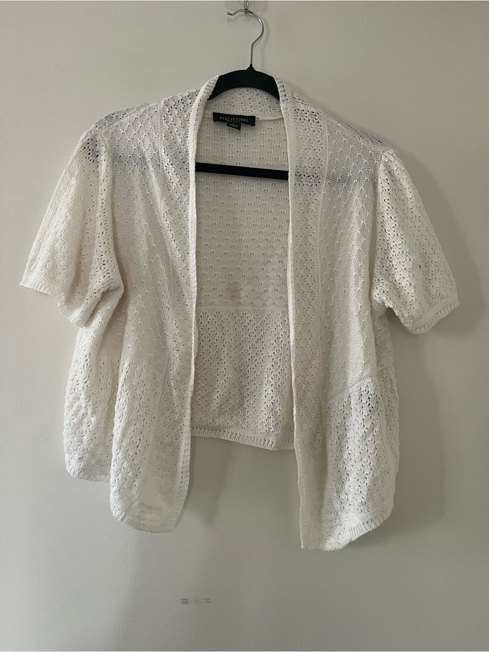 Perceptions White Crochet Knit Open Cardigan Large Cottagecore Shabby Chic